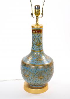 Mid Century Modern Italian Blue Tapestry Design Porcelain Table Lamps Pair - 4796326