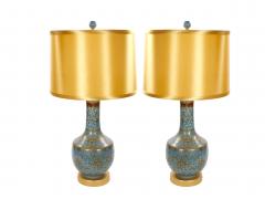 Mid Century Modern Italian Blue Tapestry Design Porcelain Table Lamps Pair - 4796329