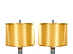 Mid Century Modern Italian Blue Tapestry Design Porcelain Table Lamps Pair - 4796330