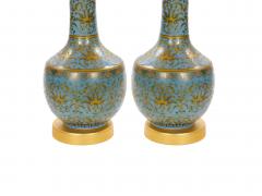 Mid Century Modern Italian Blue Tapestry Design Porcelain Table Lamps Pair - 4796332