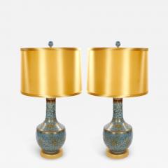 Mid Century Modern Italian Blue Tapestry Design Porcelain Table Lamps Pair - 4796405
