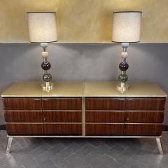 Mid Century Modern Italian Wood Brass Sideboard w Gold Opaline Glass Top - 2279829