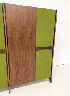 Mid Century Modern Italian Wooden Wardrobe Wood and Green Fabric 1960s - 3701907