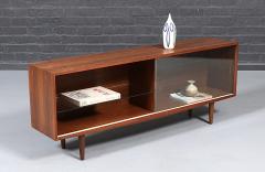 Mid Century Modern Low Walnut Glass Bookcase Credenza - 4730429