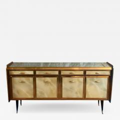 Mid Century Modern Mahogany Wood Brass Green Artistic Murano Glass Credenza - 1676074