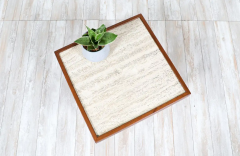 Mid Century Modern Oak Walnut Side Table with Travertine Stone - 2688488