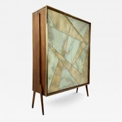 Mid Century Modern Oak Wood Brass Mirror Murano Art Glass Dry Bar Cabinet - 3925435