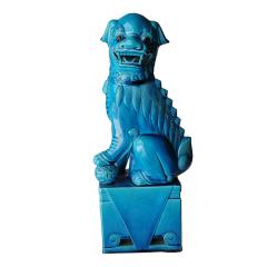 Mid Century Modern Pair Of Blue Glazed Porcelain Oriental Foo Dogs 50s - 908113