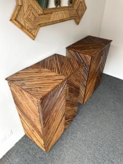 Mid Century Modern Pair of Rattan Malacca Brass Cupboards Cabinets Italy 1980s - 4198931