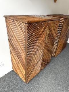 Mid Century Modern Pair of Rattan Malacca Brass Cupboards Cabinets Italy 1980s - 4198939