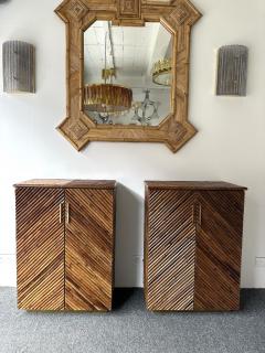 Mid Century Modern Pair of Rattan Malacca Brass Cupboards Cabinets Italy 1980s - 4198942