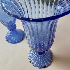 Mid Century Modern Pair of Tall Blue Ribbed Murano Glass Vases - 4259299