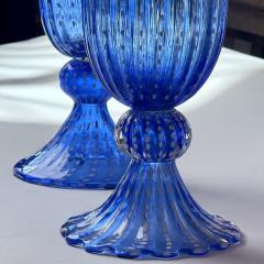 Mid Century Modern Pair of Tall Blue Ribbed Murano Glass Vases - 4259302
