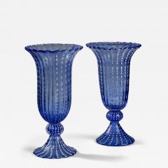 Mid Century Modern Pair of Tall Blue Ribbed Murano Glass Vases - 4259508
