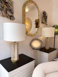 Mid Century Modern Pair of Travertine and Brass Lamps - 2556640