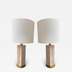 Mid Century Modern Pair of Travertine and Brass Lamps - 2559764