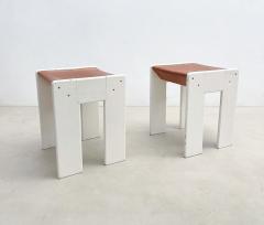 Mid Century Modern Pair of White Brown Stools - 2838040