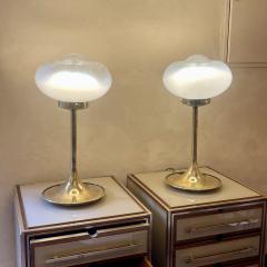 Mid Century Modern Pair of Wood Brass Beige Opaline Glass Night Stands - 2814338