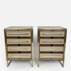 Mid Century Modern Pair of Wood Brass Beige Opaline Glass Night Stands - 2819309