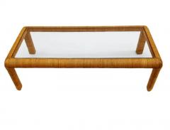 Mid Century Modern Rattan Glass Rectangular Cocktail Table After Paul Frankl - 3627784