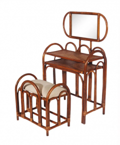 Mid Century Modern Rattan Vanity Set with Matching Stool in Art Deco Form - 2559566