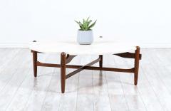 Mid Century Modern Sculpted Walnut Travertine Stone Coffee Table - 2321935