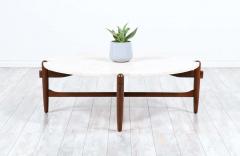 Mid Century Modern Sculpted Walnut Travertine Stone Coffee Table - 2321936