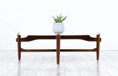 Mid Century Modern Sculpted Walnut Travertine Stone Coffee Table - 2321937