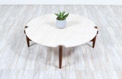 Mid Century Modern Sculpted Walnut Travertine Stone Coffee Table - 2321938