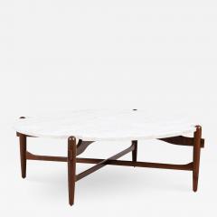 Mid Century Modern Sculpted Walnut Travertine Stone Coffee Table - 2323202
