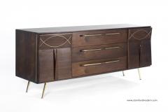 Mid Century Modern Sculptural Walnut Inlaid Brass Credenza - 237172