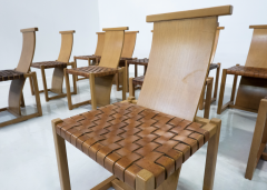 Mid Century Modern Set of 12 Wood and Leather Chairs Italy 1950s - 3416731