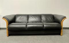 Mid Century Modern Sofa Couch Wood Trim Black Leather - 2587711