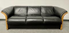 Mid Century Modern Sofa Couch Wood Trim Black Leather - 2587713
