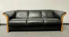 Mid Century Modern Sofa Couch Wood Trim Black Leather - 2587715