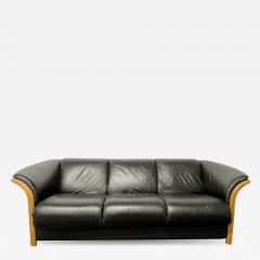 Mid Century Modern Sofa Couch Wood Trim Black Leather - 2592603