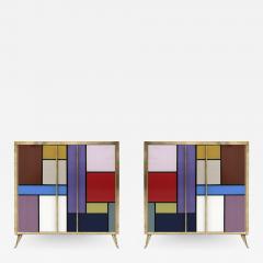 Mid Century Modern Solid Wood and Colored Glass Italian Pair of Sideboards - 2296472