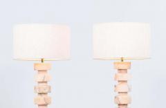 Mid Century Modern Stacked Pink Carrara Marble Disc Table Lamps - 2289202