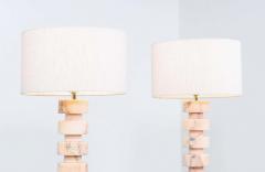 Mid Century Modern Stacked Pink Carrara Marble Disc Table Lamps - 2289206
