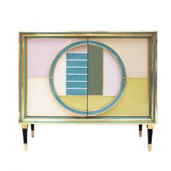 Mid Century Modern Style Brass and Colored Glass Pair of Italian Sideboards - 2295526