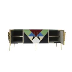 Mid Century Modern Style Italian Sideboard Made of Wood Brass and Colored Glass - 2810243