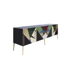 Mid Century Modern Style Italian Sideboard Made of Wood Brass and Colored Glass - 2810244