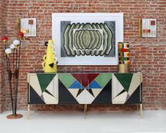 Mid Century Modern Style Italian Sideboard Made of Wood Brass and Colored Glass - 2810250