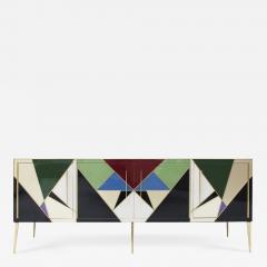Mid Century Modern Style Italian Sideboard Made of Wood Brass and Colored Glass - 2812964