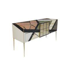 Mid Century Modern Style Solid Wood and Colored Glass Italian Sideboard - 2810394