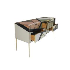 Mid Century Modern Style Solid Wood and Colored Glass Italian Sideboard - 2810399