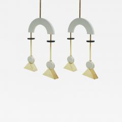 Mid Century Modern Style White Lacquered Wood and Bronze Pair of Pendant Lamps - 1232090