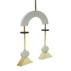 Mid Century Modern Style White Lacquered Wood and Bronze Pendant Lamp - 1231690