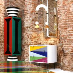 Mid Century Modern Style White Lacquered Wood and Bronze Pendant Lamp - 1231696