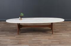 Mid Century Modern Surfboard Coffee Table with Travertine Stone Top - 3698288